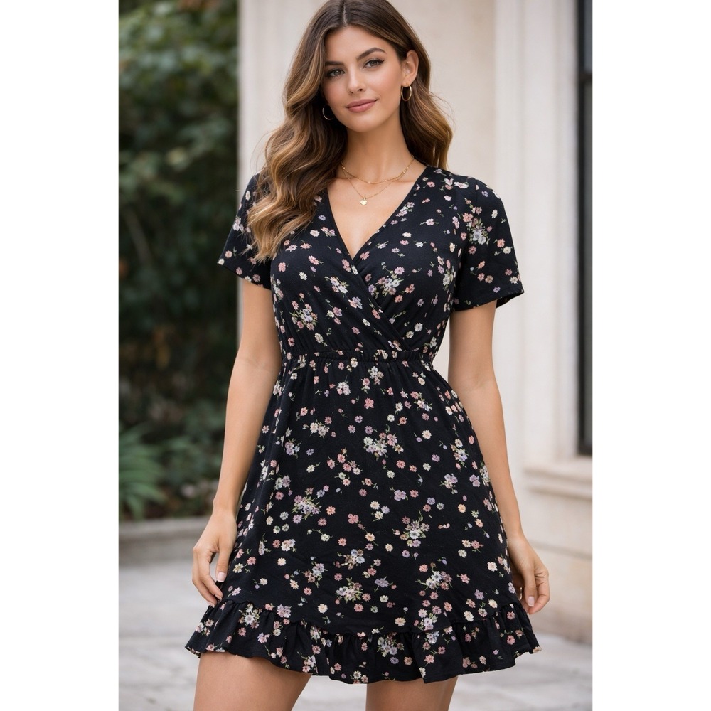 Rewind Women's Medium Black Floral Wrap Dress Short Sleeve Boho